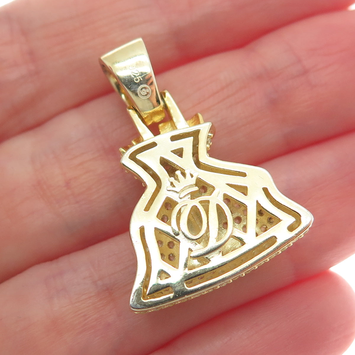 925 Sterling Silver Gold Plated C Z Dollar Sign Money Bag Pendant