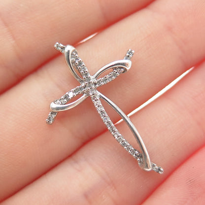 925 Sterling Silver Real Round-Cut Diamond Cross Slide Charm Pendant