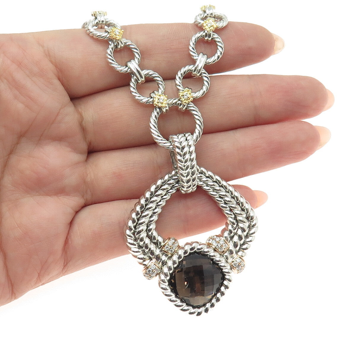 DANWAK 18K Gold Sterling 40-Diamond 0.50ct & Smoky Quartz 13.15ct Necklace 16"