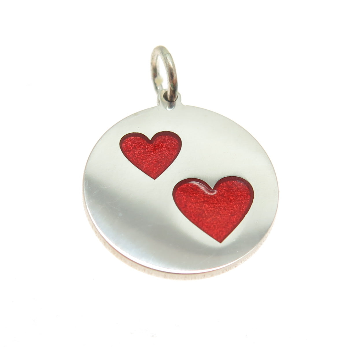 925 Sterling Silver Red Enamel Heart Couple Round Tag Minimalist Charm Pendant