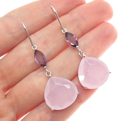 925 Sterling Silver Real Rose Chalcedony & Amethyst Dangle Earrings