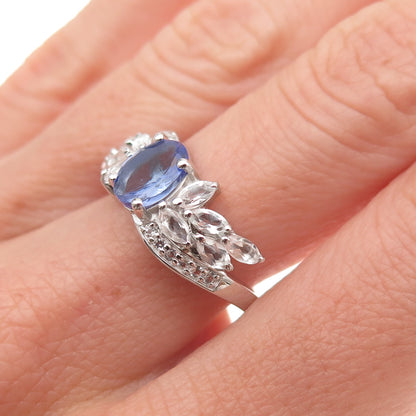 925 Sterling Silver Real Oval-Cut Tanzanite & White Topaz Ring Size 8
