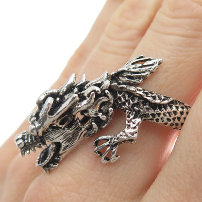 925 Sterling Silver Vintage Dragon Movable Head Oxidized Adjustable Ring Size 10