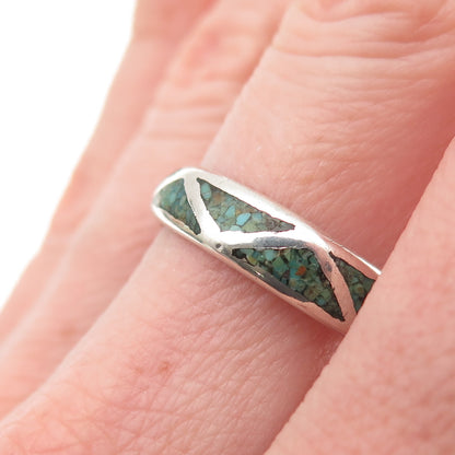 Old Pawn 925 Sterling Silver Vintage Turquoise Inlay Tribal Band Ring Size 9.5