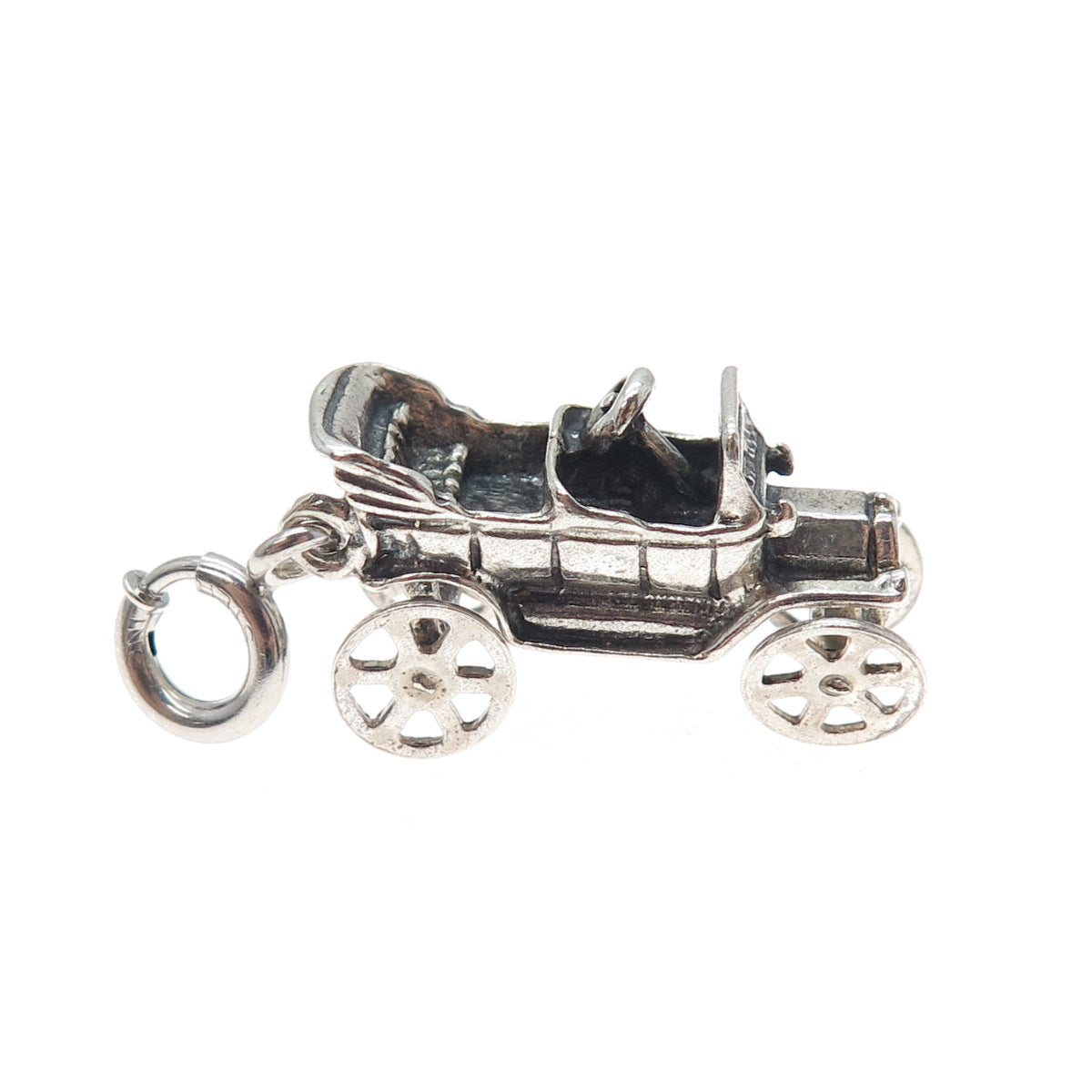 925 Sterling Vintage Carriage Car Spring Ring Lock Oxidized Movable 3D Pendant