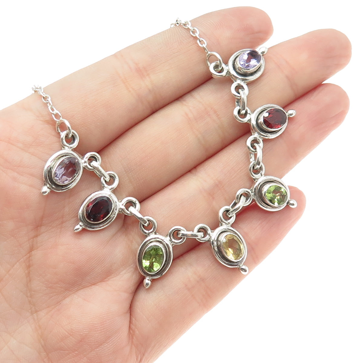 925 Sterling Silver Vintage Amethyst Citrine Peridot Red Garnet Gem Necklace 14"