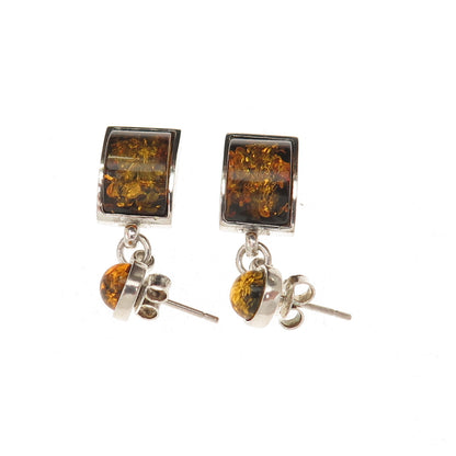 925 Sterling Silver Vintage Real Amber Modernist Dangle Earrings