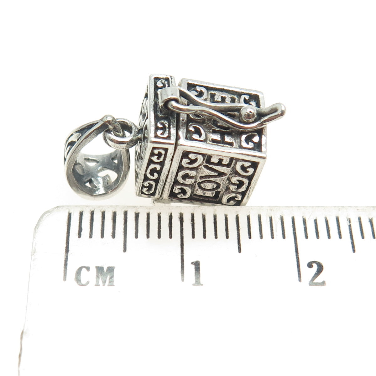 925 Sterling Silver Vintage "Love Hope Faith" Ornate Box Locket Pendant