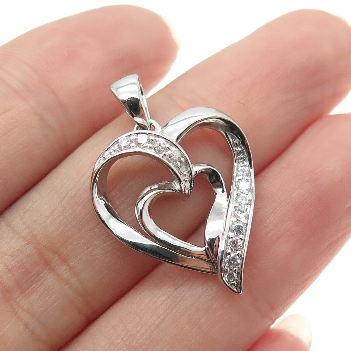 HAN 925 Sterling Silver Round-Cut C Z Double Heart Pendant