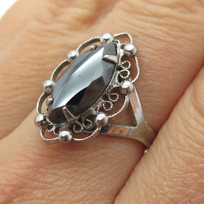 SORRENTO 925 Sterling Silver Antique Art Deco Hematite Filigree Ring Size 6.75