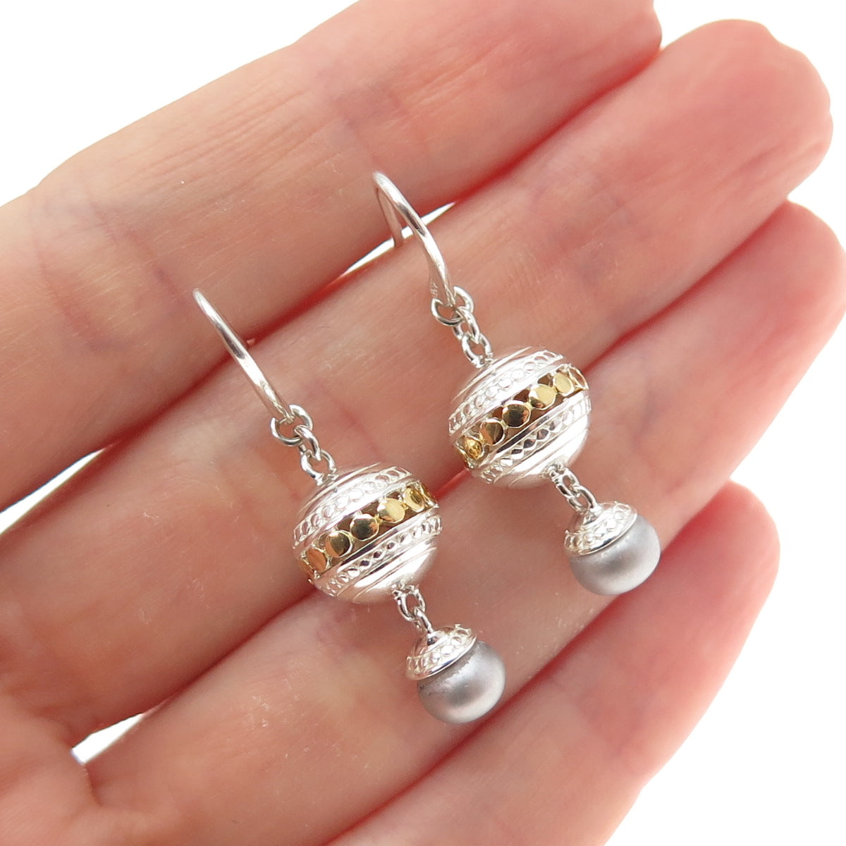 KIT HEATH Sterling Silver 2-Tone Vintage Faux Pearl Modernist Dangle Earrings