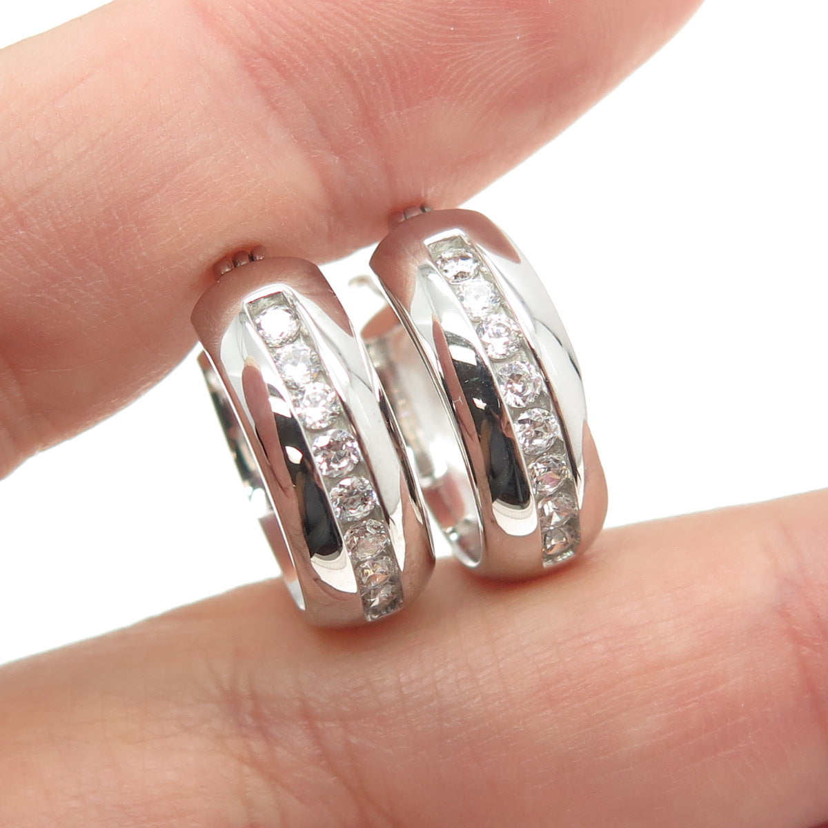 925 Sterling Silver Round-Cut C Z Hoop Earrings