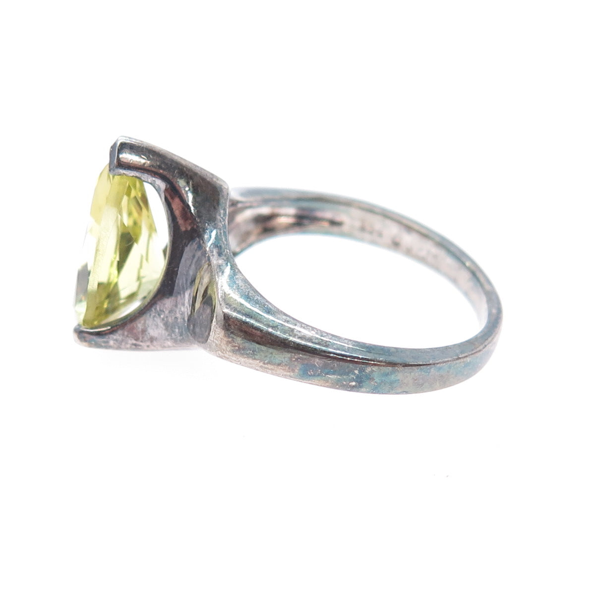 925 Sterling Silver Vintage Real Lime Citrine Teardrop Oxidized Ring Size 9