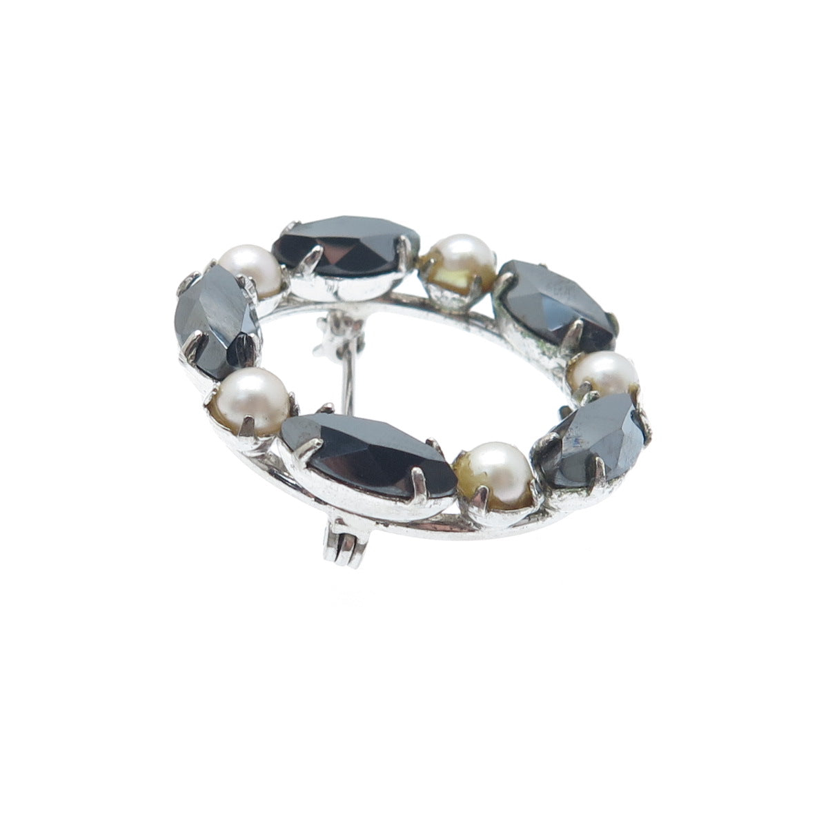 SORRENTO 925 Sterling Silver Vintage Real Hematite & Pearl Circle Pin Brooch
