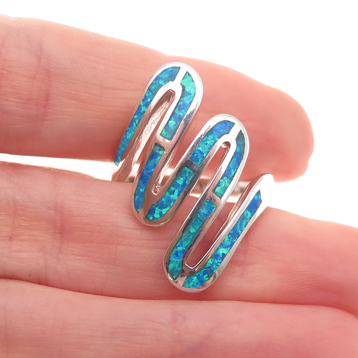 925 Sterling Silver Real Opal Modernist Zig Zag Ring Size 9