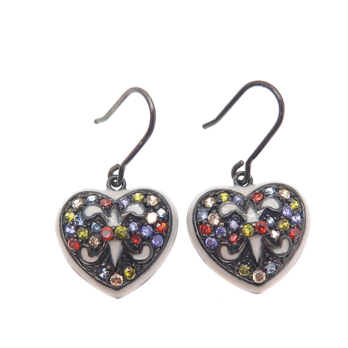 925 Sterling Silver Black Rhodium Enamel Multi-Color C Z Heart Dangle Earrings