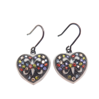 925 Sterling Silver Black Rhodium Enamel Multi-Color C Z Heart Dangle Earrings