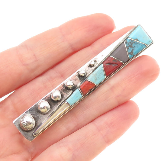 Old Pawn 925 Sterling Silver Vintage Southwestern Turquoise Coral MOP Tie Clip