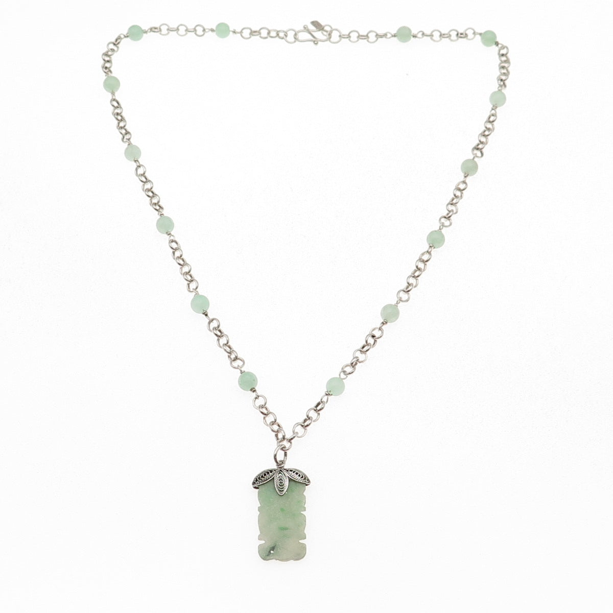925 Sterling Silver Vintage Real Jade Floral Chain Necklace 18"