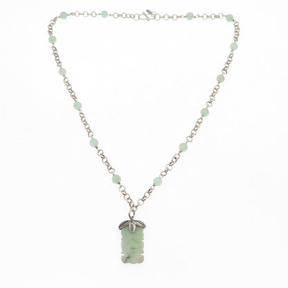 925 Sterling Silver Vintage Real Jade Floral Chain Necklace 18"