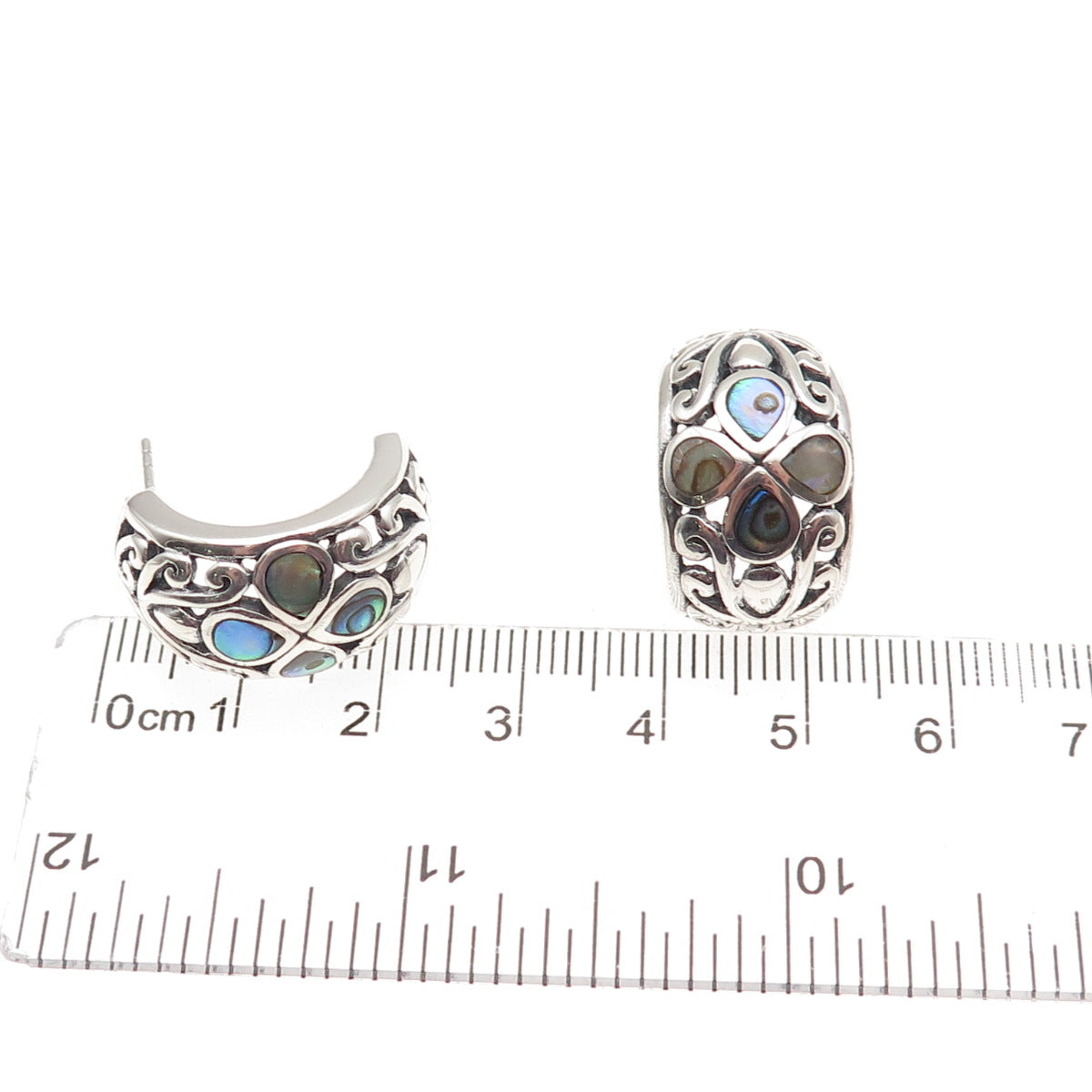 SX Sally C Sterling Silver Vintage Real Abalone Shell Floral Oxidized Earrings