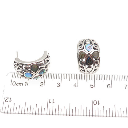 SX Sally C Sterling Silver Vintage Real Abalone Shell Floral Oxidized Earrings