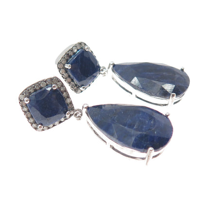 925 Sterling Silver Real Diamond & Sapphire Dangle Earrings