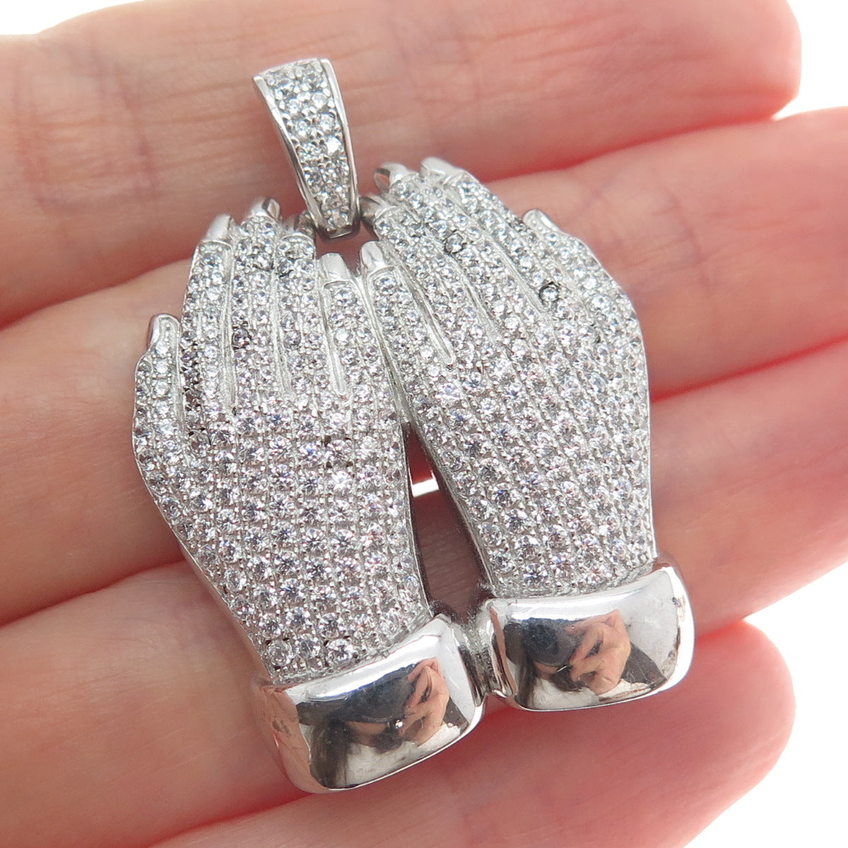 925 Sterling Silver Round-Cut Shaped C Z Praying Hands Pendant