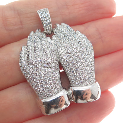 925 Sterling Silver Round-Cut Shaped C Z Praying Hands Pendant