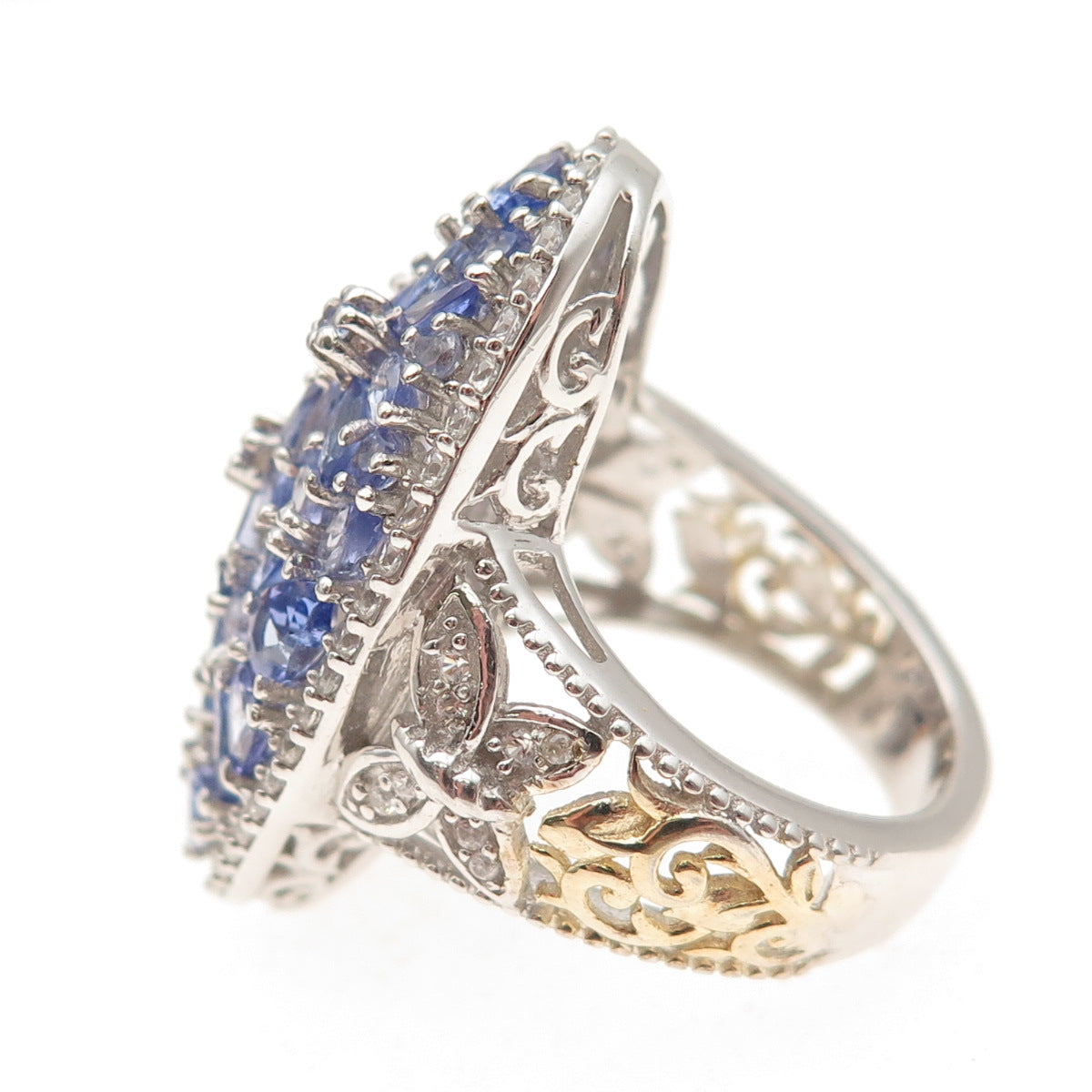 Chuck Clemency Sterling Silver 2-Tone Real Tanzanite & White Topaz Ring Size 8