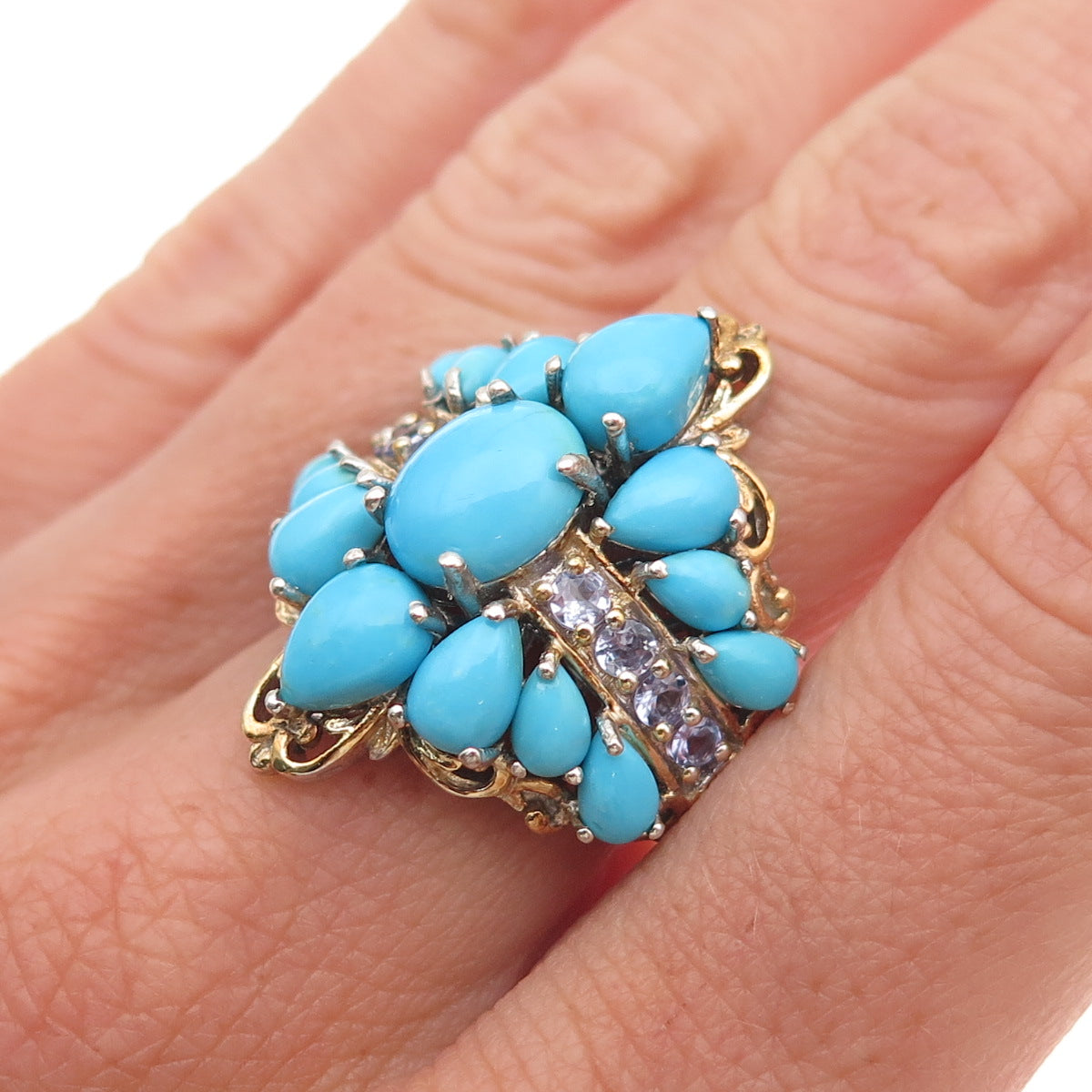 Chuck Clemency 925 Sterling 2-Tone Real Turquoise & Tanzanite Ring Size 7.25