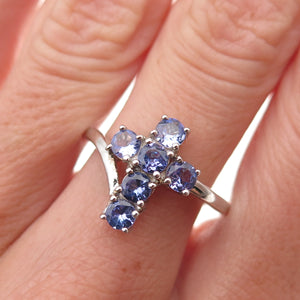 Chuck Clemency 925 Sterling Silver Real Round-Cut Tanzanite Cross Ring Size 8