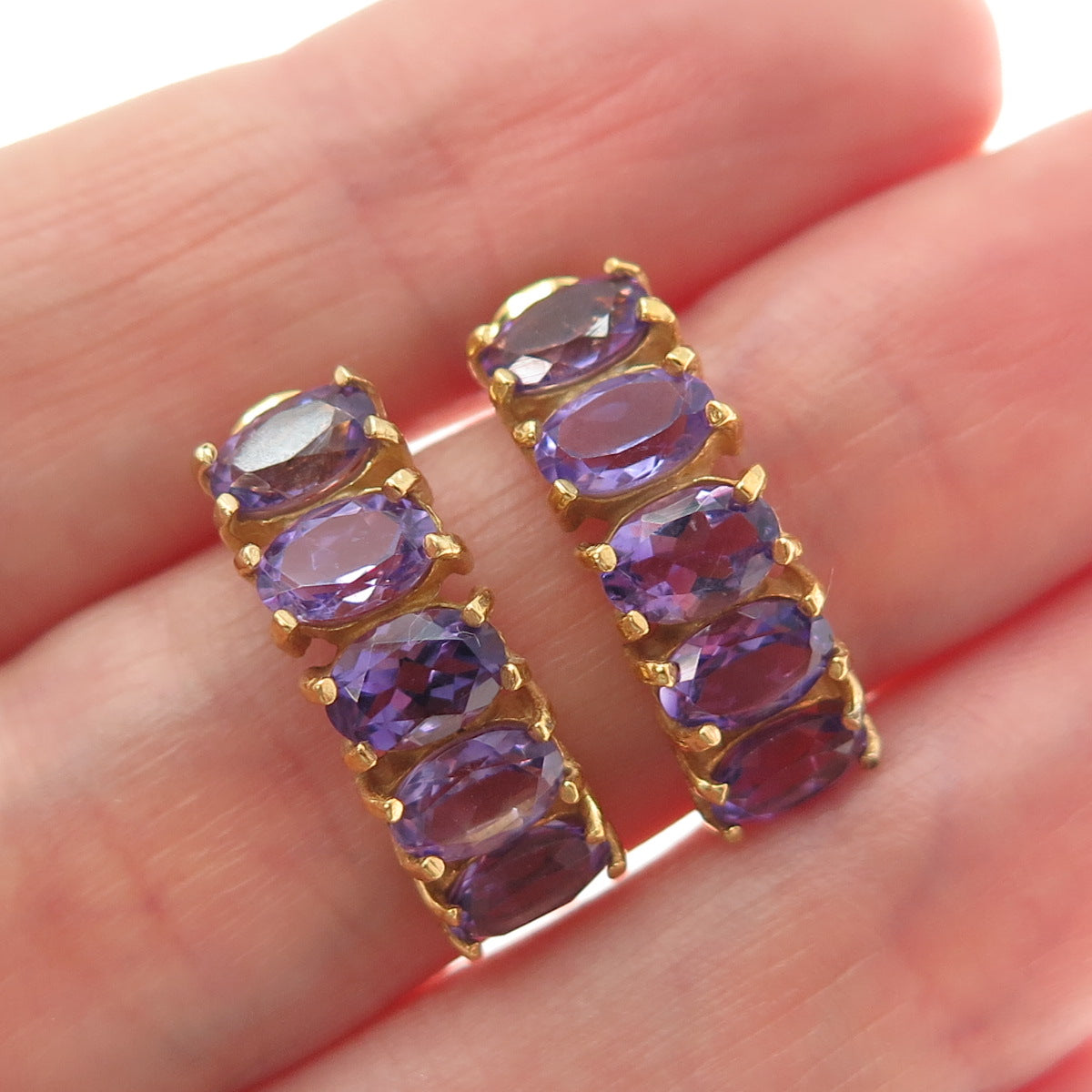 925 Sterling Silver Gold Plated Real Oval-Cut Amethyst Cluster Bar Drop Earrings