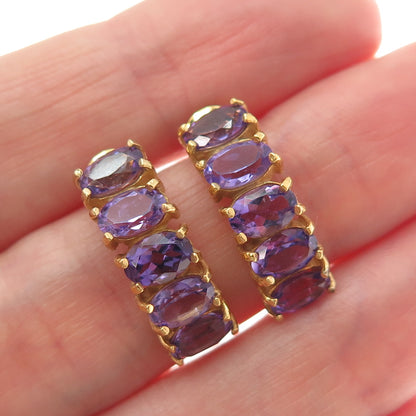 925 Sterling Silver Gold Plated Real Oval-Cut Amethyst Cluster Bar Drop Earrings