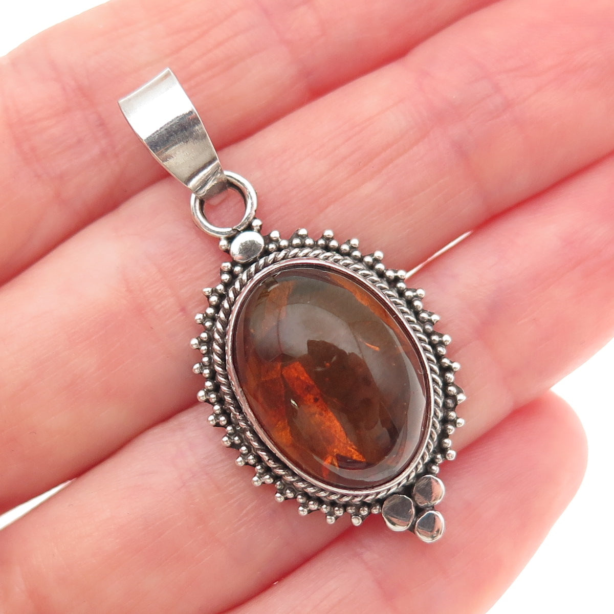 925 Sterling Silver Vintage Real Amber Granulated Charm Pendant