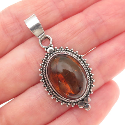 925 Sterling Silver Vintage Real Amber Granulated Charm Pendant