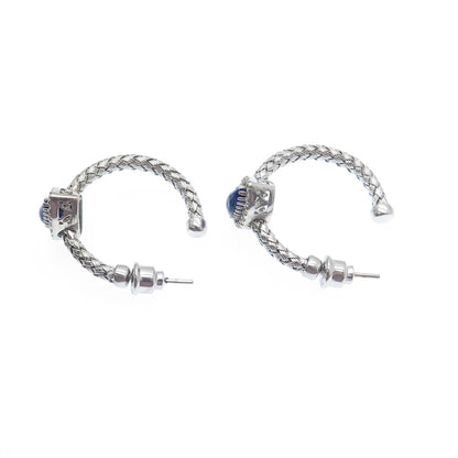 925 Sterling Silver Real Diamond & Enamel Evil Eye Wicker Half Hoop Earrings
