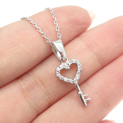 925 Sterling Silver Round-Cut C Z Heart Key Cable Chain Necklace 16"