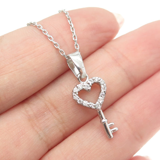 925 Sterling Silver Round-Cut C Z Heart Key Cable Chain Necklace 16"