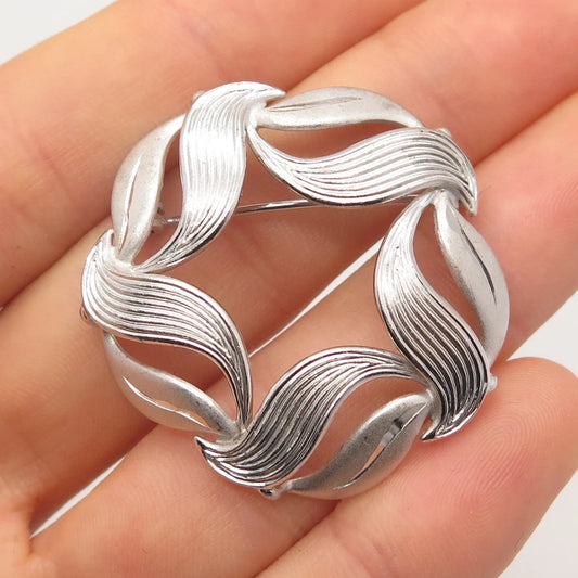 925 Sterling Silver Vintage Beau Leaf Round Pin Brooch
