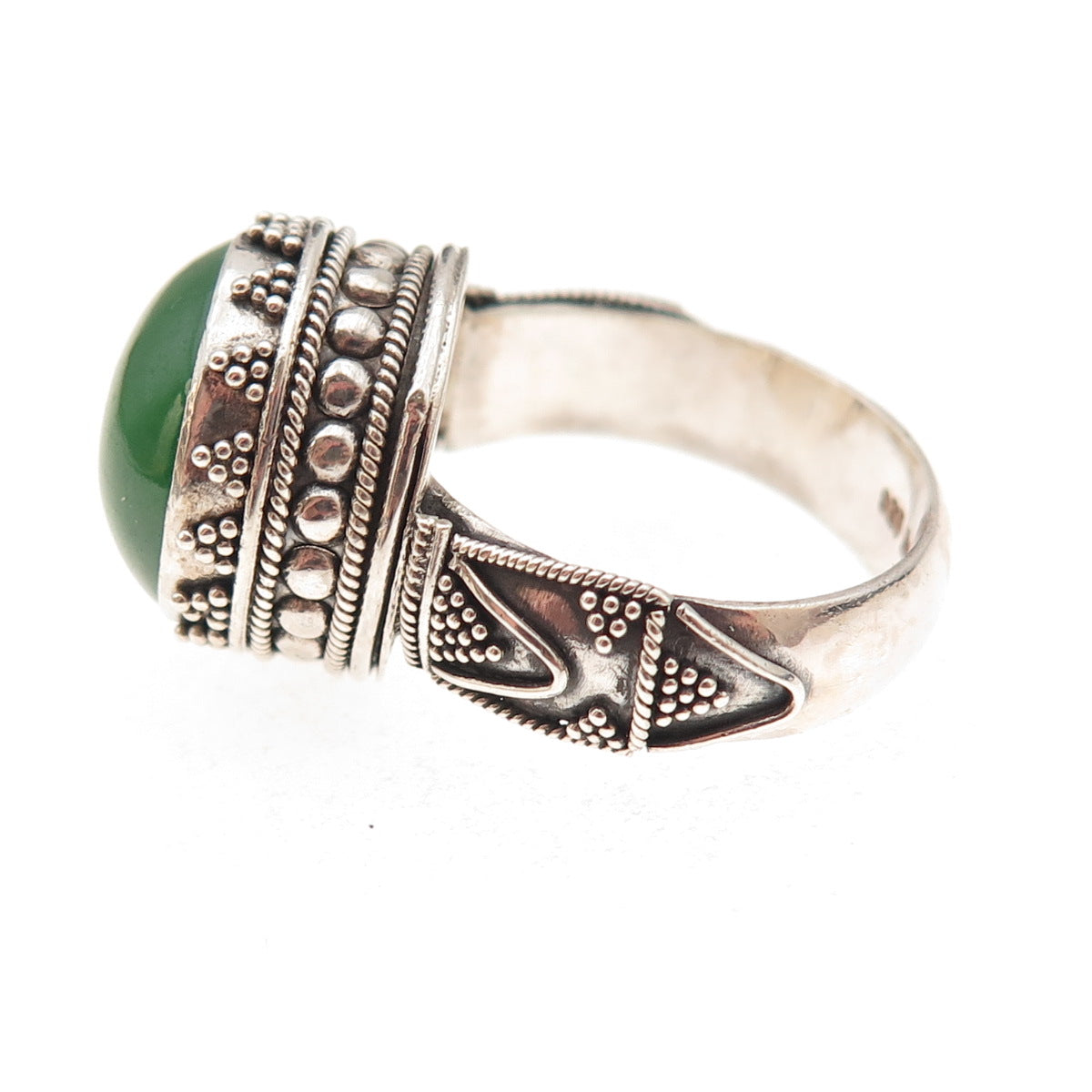 Suarti Bali Sterling Silver Vintage Real Jade Granulated Oxidized Ring Size 7.25