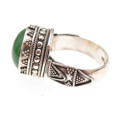 Suarti Bali Sterling Silver Vintage Real Jade Granulated Oxidized Ring Size 7.25
