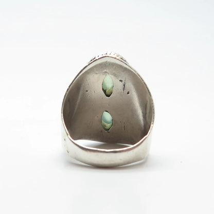 925 Sterling Silver Vintage Real Green Chalcedony Gemstone Ethnic Ring Size 5.5