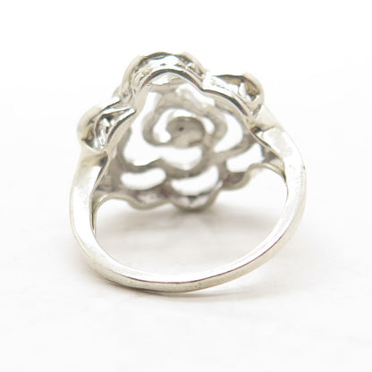 925 Sterling Silver Vintage Real Diamond Accent Modernist Flower Ring Size 5.5