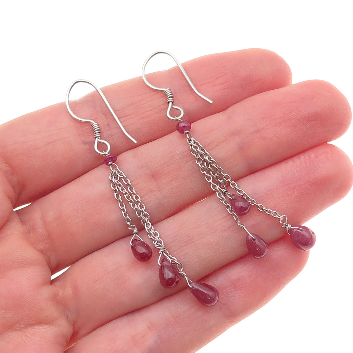 925 Sterling Silver Vintage Real Ruby Tassel Dangle Earrings