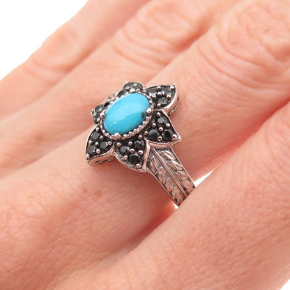Chuck Clemency 925 Sterling Silver Real Turquoise & Spinel Floral Ring Size 8.25