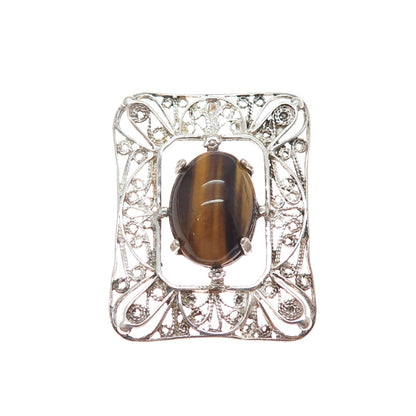 925 Sterling Silver Vintage Real Tiger Eye Floral Filigree Slide Pendant