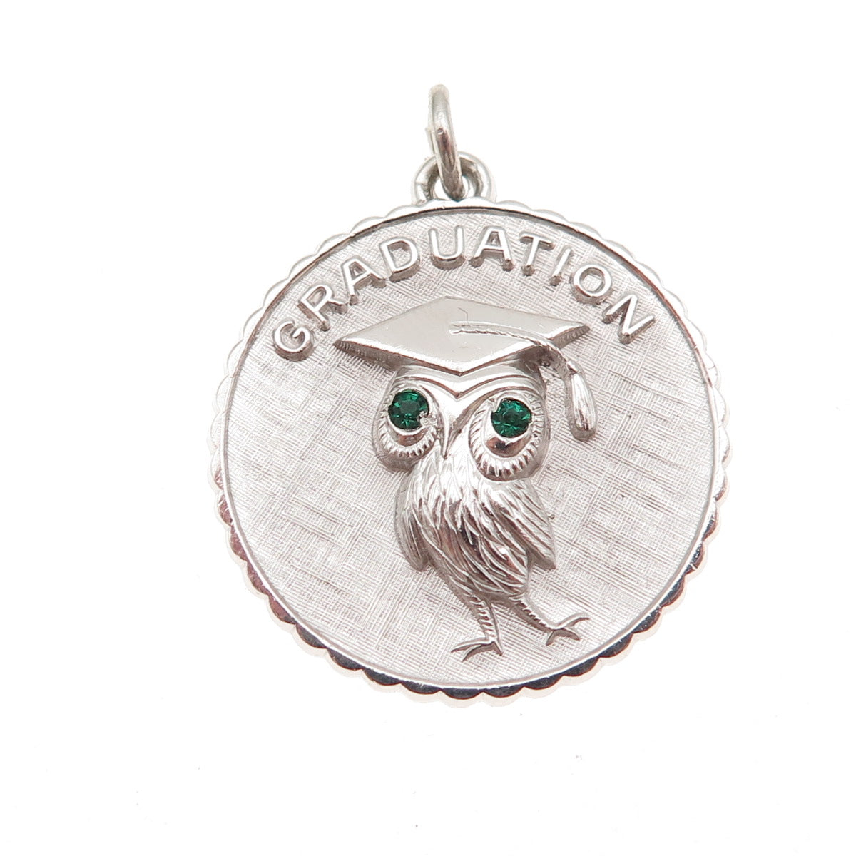 925 Sterling Silver Vintage Green Rhinestone Graduation Owl Bird Charm Pendant