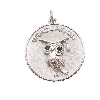 925 Sterling Silver Vintage Green Rhinestone Graduation Owl Bird Charm Pendant