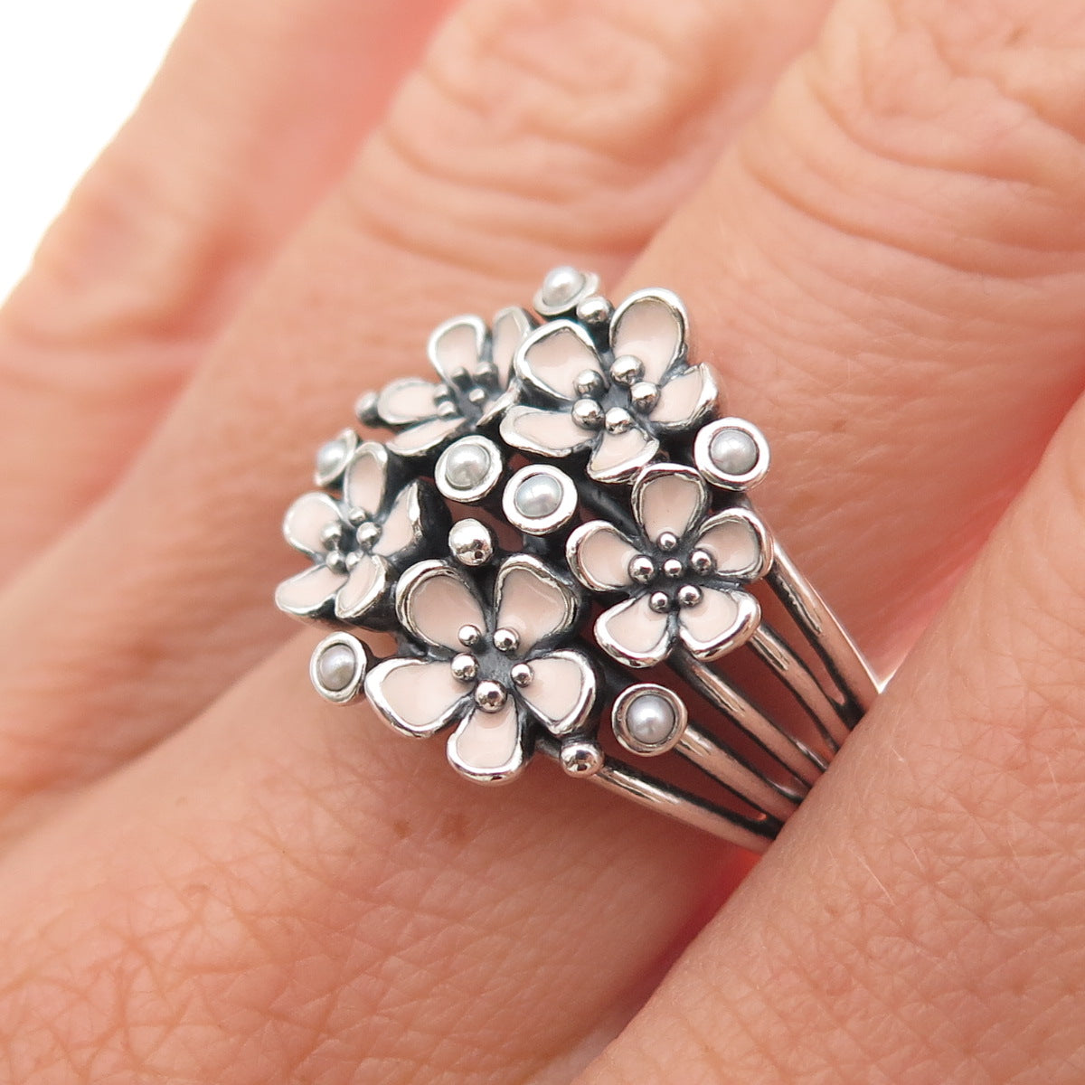 Pandora Sterling Silver Enamel Real Pearl Cherry Blossom Bouquet Ring Size 7.75